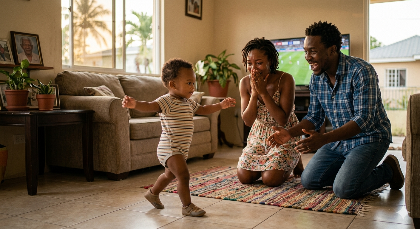 Family gathered around a screen